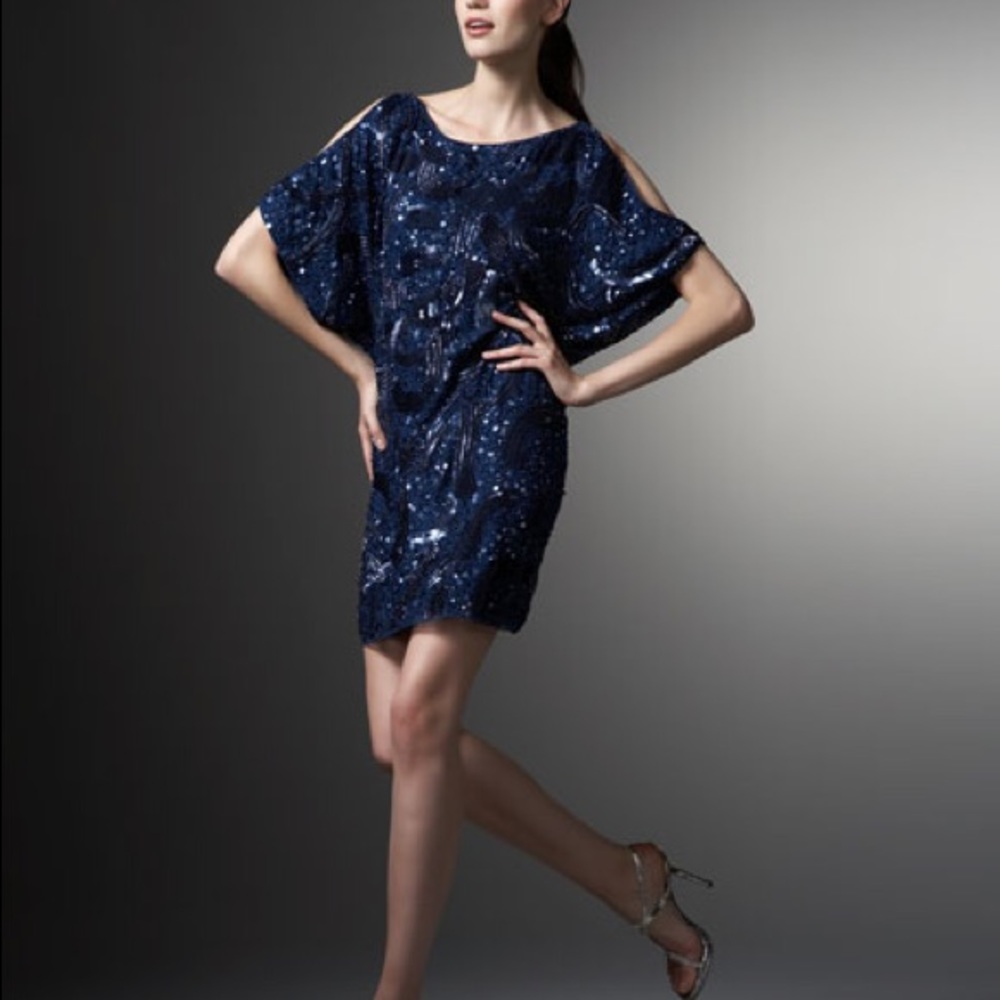 Aidan Mattox Blue Sequin Cold Shoulder Dress Sz 2